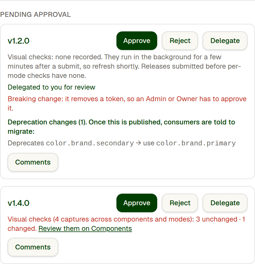 Releases waiting for approval in the Stoaken Command Center, with deprecations and a visual check summary