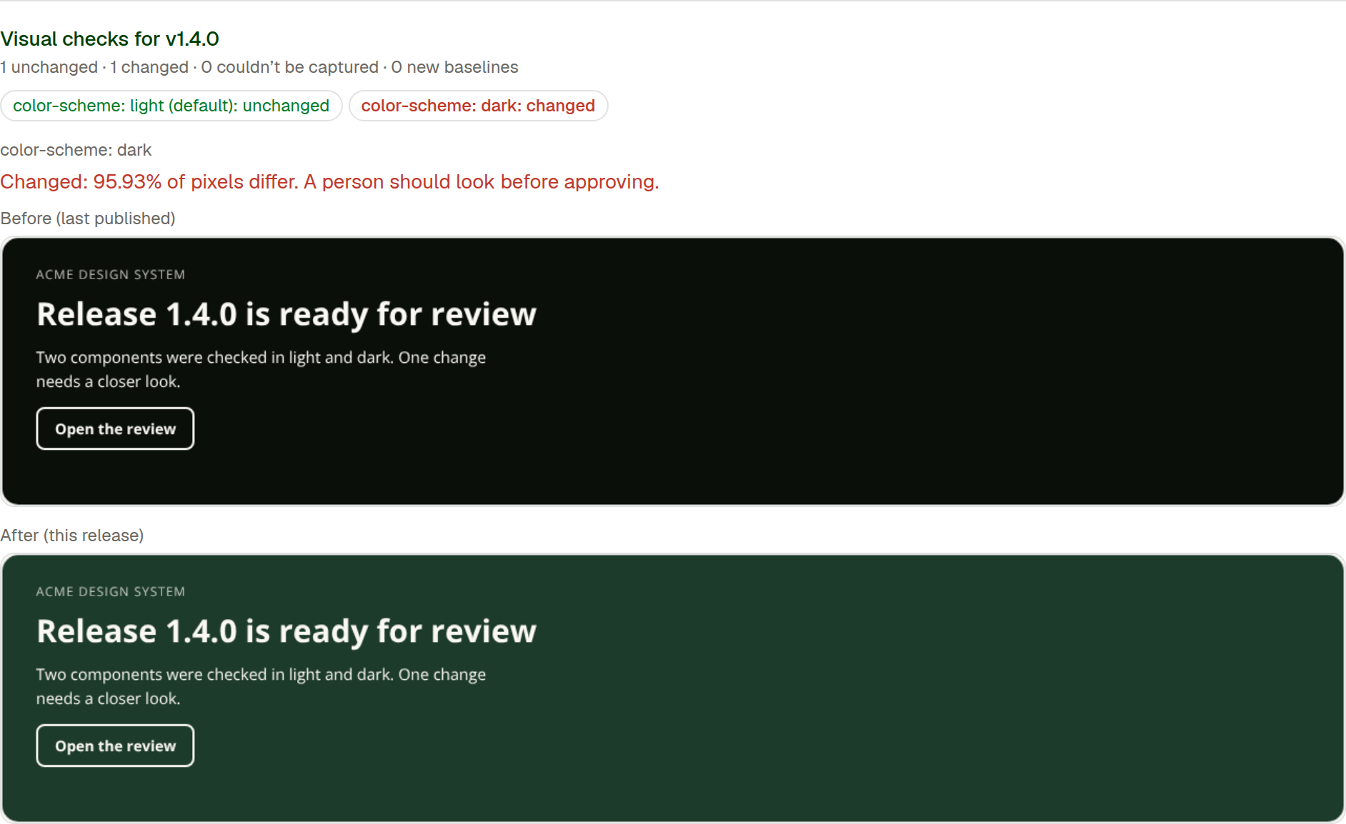 Visual checks for a release in Stoaken: light mode unchanged, dark mode changed, with before and after screenshots of the component